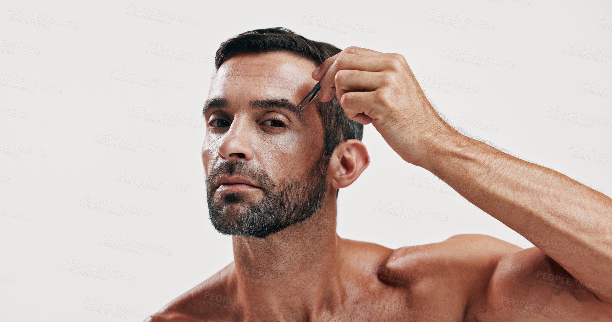 Buy stock photo Portrait, man and beauty with tweezer in studio of hair removal, maintenance and facial growth. Person, tools and grooming routine of eyebrow hygiene, self care and transformation on white background