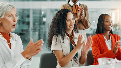 Buy stock photo Applause, news and meeting with business women in office for workshop, success and celebration. Achievement, conference and winner with people clapping in seminar for agreement, bonus and profit