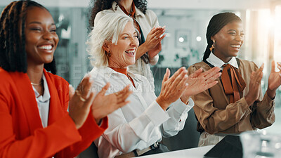 Buy stock photo Applause, teamwork and meeting with business women in office for workshop, success and celebration. Achievement, conference and winner with people clapping in seminar for agreement, bonus and profit