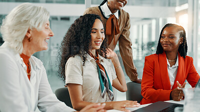 Buy stock photo Laptop, meeting and proposal with business women in boardroom of office for planning or strategy. Collaboration, computer and discussion with employee team in workplace for feedback or review