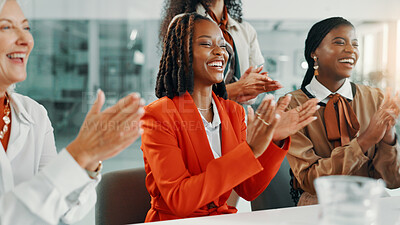 Buy stock photo Applause, teamwork and smile with business people in meeting for workshop, success and celebration. Achievement, conference and winner with women clapping in seminar for agreement, bonus and profit
