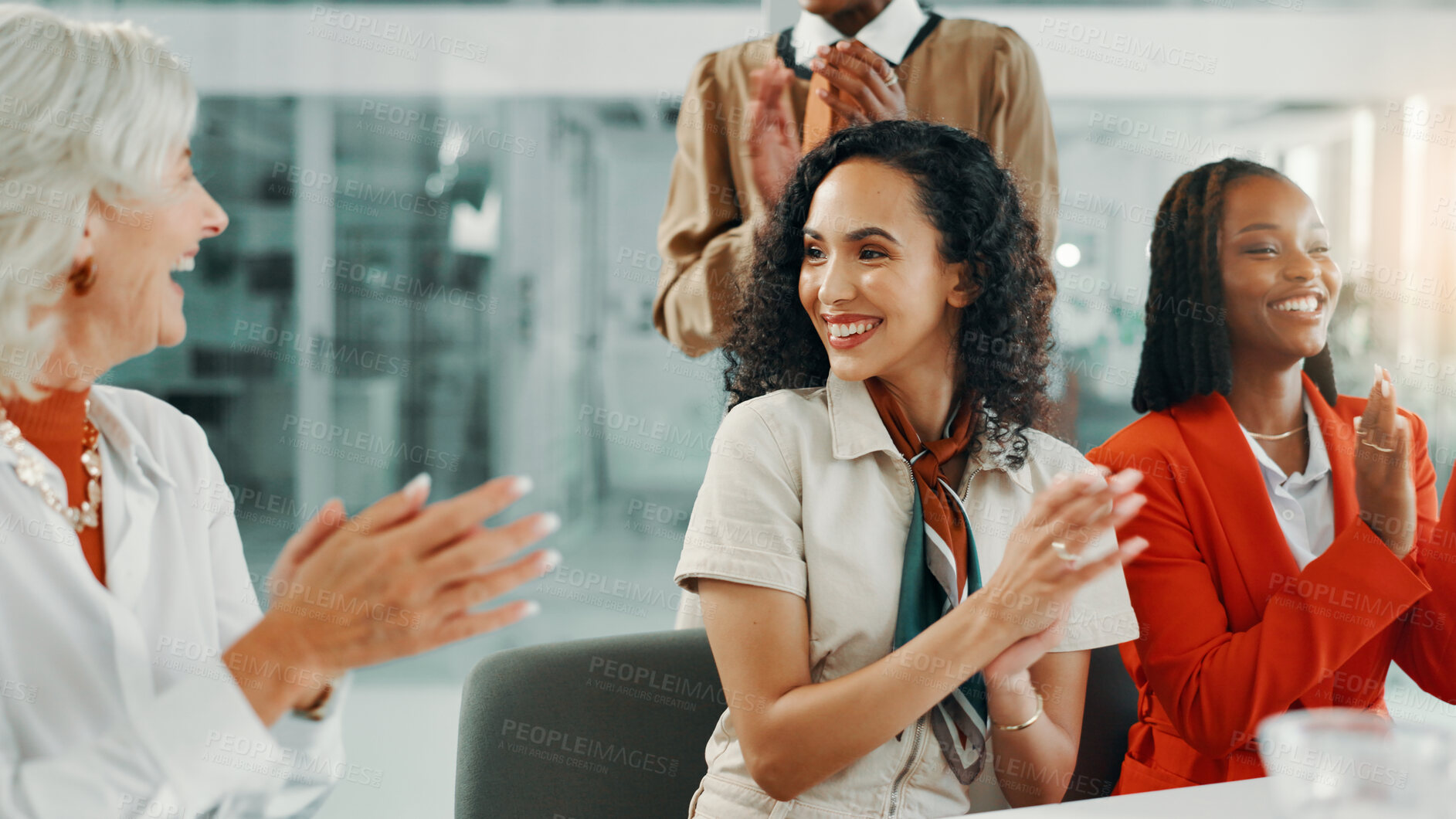 Buy stock photo Applause, teamwork and support with business people in meeting for workshop, success and celebration. Achievement, conference and winner with women clapping in seminar for agreement, bonus and profit