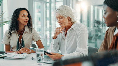 Buy stock photo Meeting, tablet and thinking with business women in boardroom of office for planning or strategy. Collaboration, decision or reading with manager and employee team in workplace for feedback or review