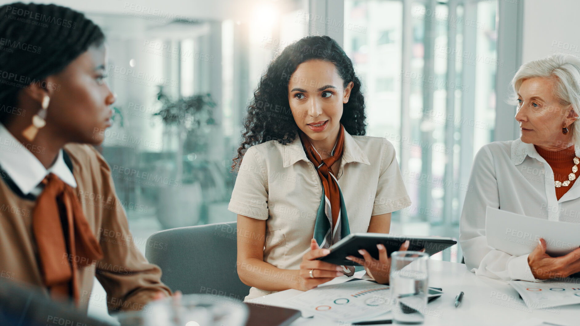 Buy stock photo Finance, meeting and tablet with business women in boardroom of office for planning or strategy. Collaboration, discussion and schedule with employee team in workplace for agenda, feedback or review