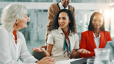 Buy stock photo Tablet, discussion and business women in office for creative editorial project for magazine. Journalism, meeting and team of copywriters planning with research on digital technology at agency.