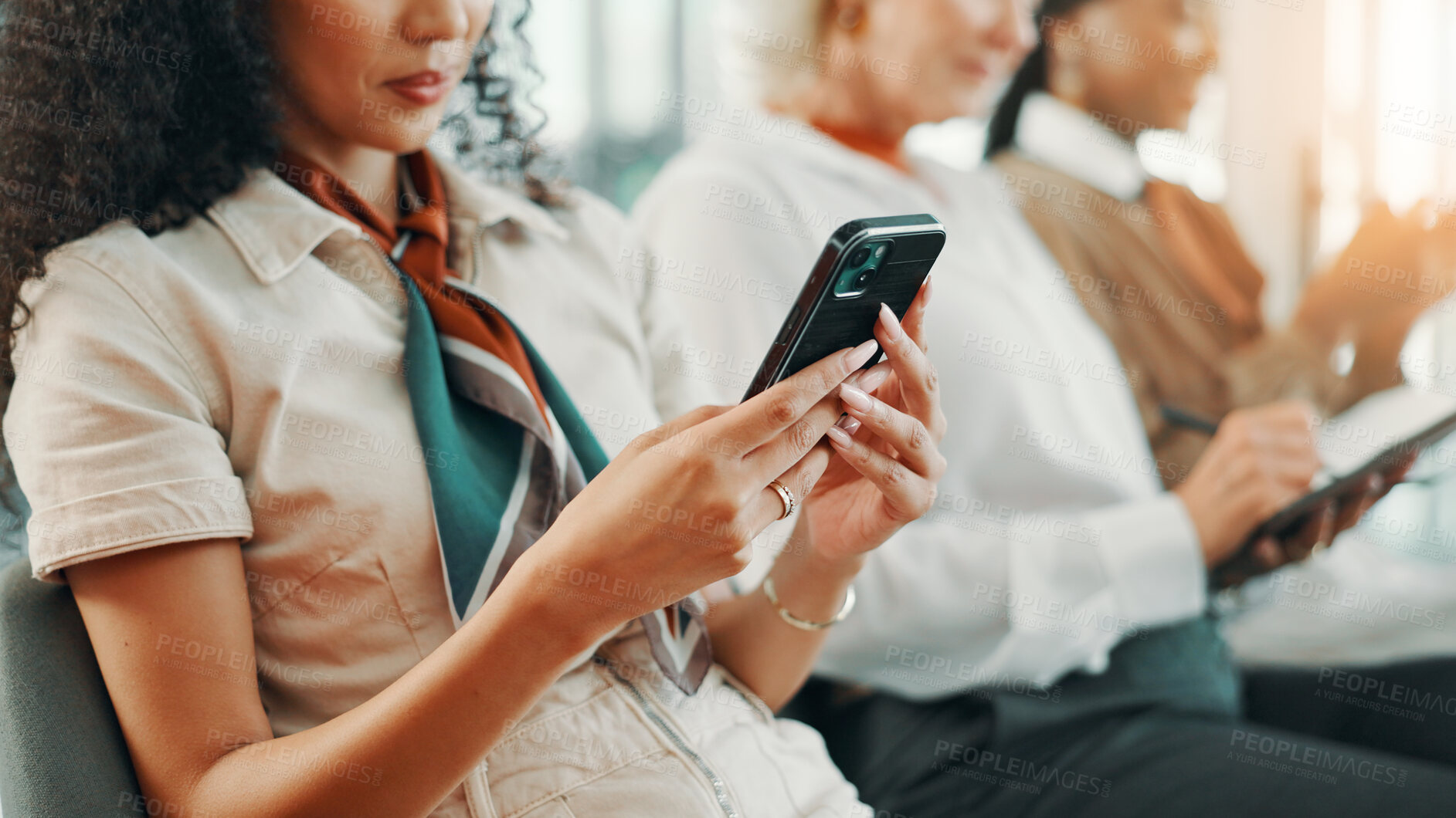 Buy stock photo Office, businesswoman and text with smartphone in meeting, startup conference and contact for distraction. Workshop, employees and consultant with mobile for application, social media and connection