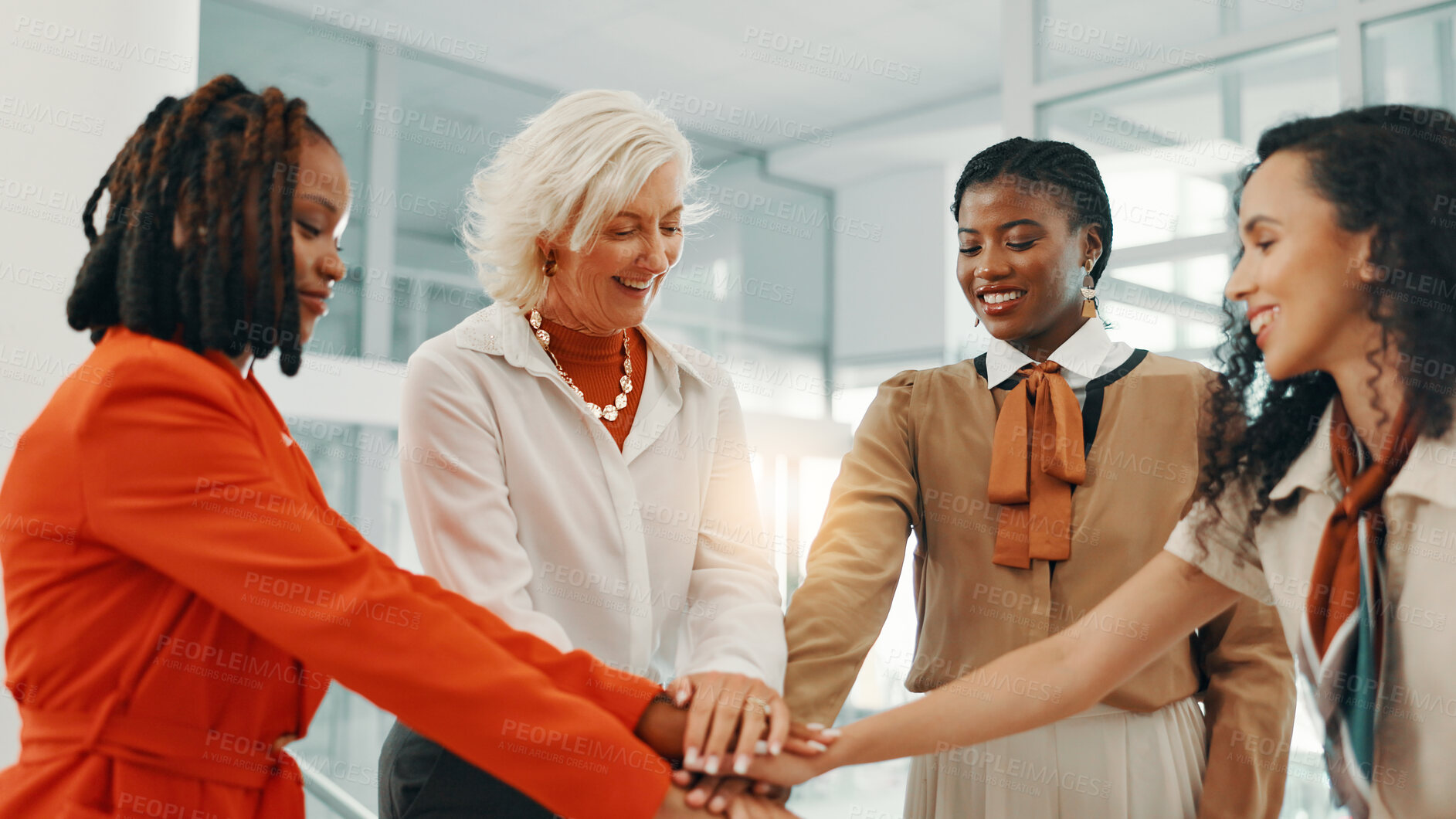 Buy stock photo Hands together, teamwork and bonus with business women for success, solidarity and deal. Agreement, support and collaboration with group of people in office for community, meeting and partnership