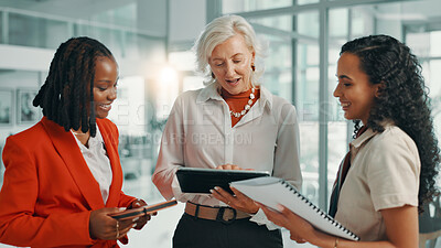 Buy stock photo Meeting, proposal and tablet with business women in lobby of office for planning or strategy. Collaboration, documents and smile of boss with happy employee team in workplace for feedback or review