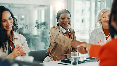 Buy stock photo Handshake, teamwork and support with business women for success, solidarity and deal. Agreement, bonus and collaboration with group of people in office for shaking hands, meeting and partnership