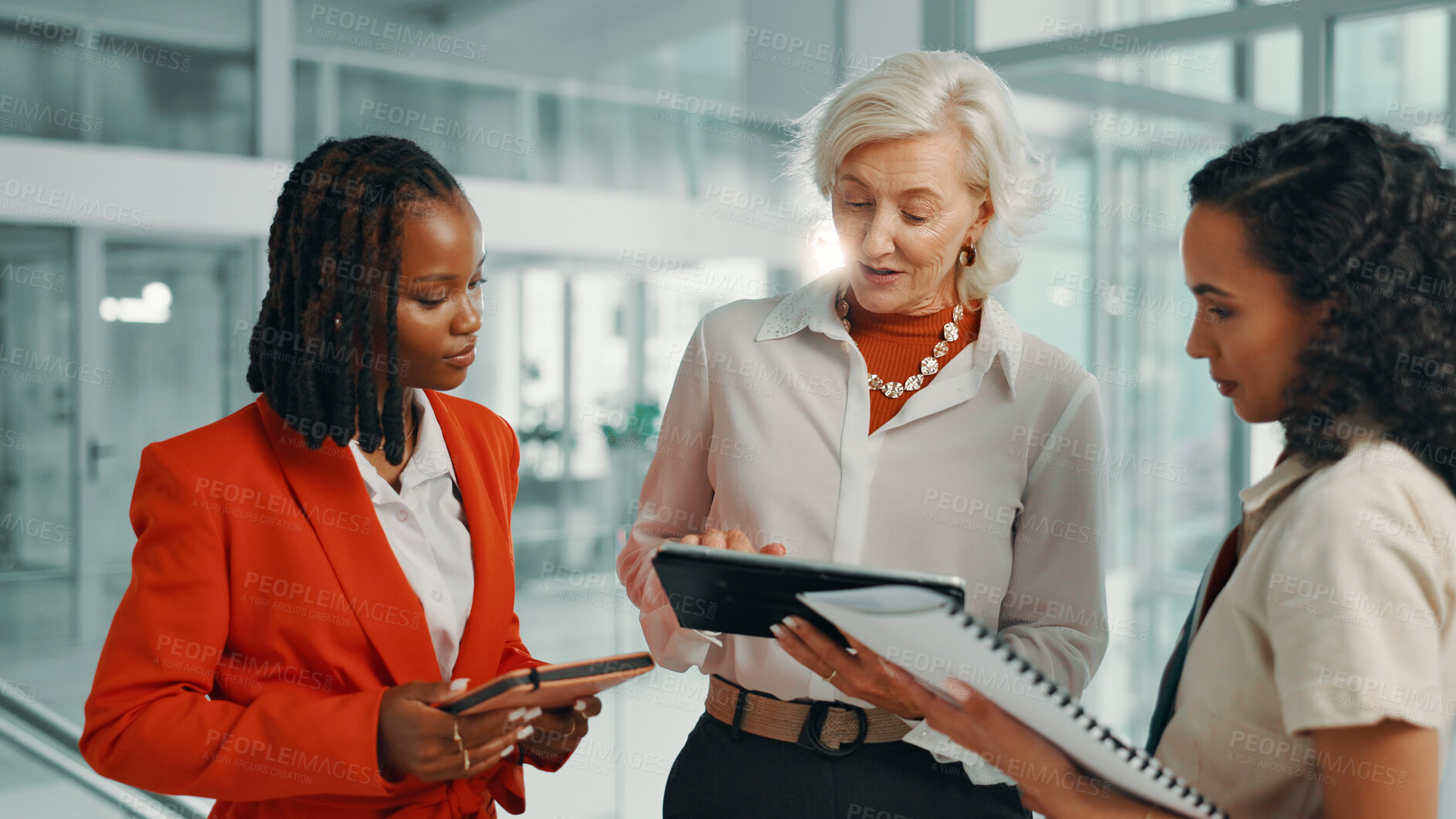 Buy stock photo File, meeting and tablet with business women in lobby of office for planning or strategy. Collaboration, report or proposal with manager and employee team at work for discussion, feedback or review