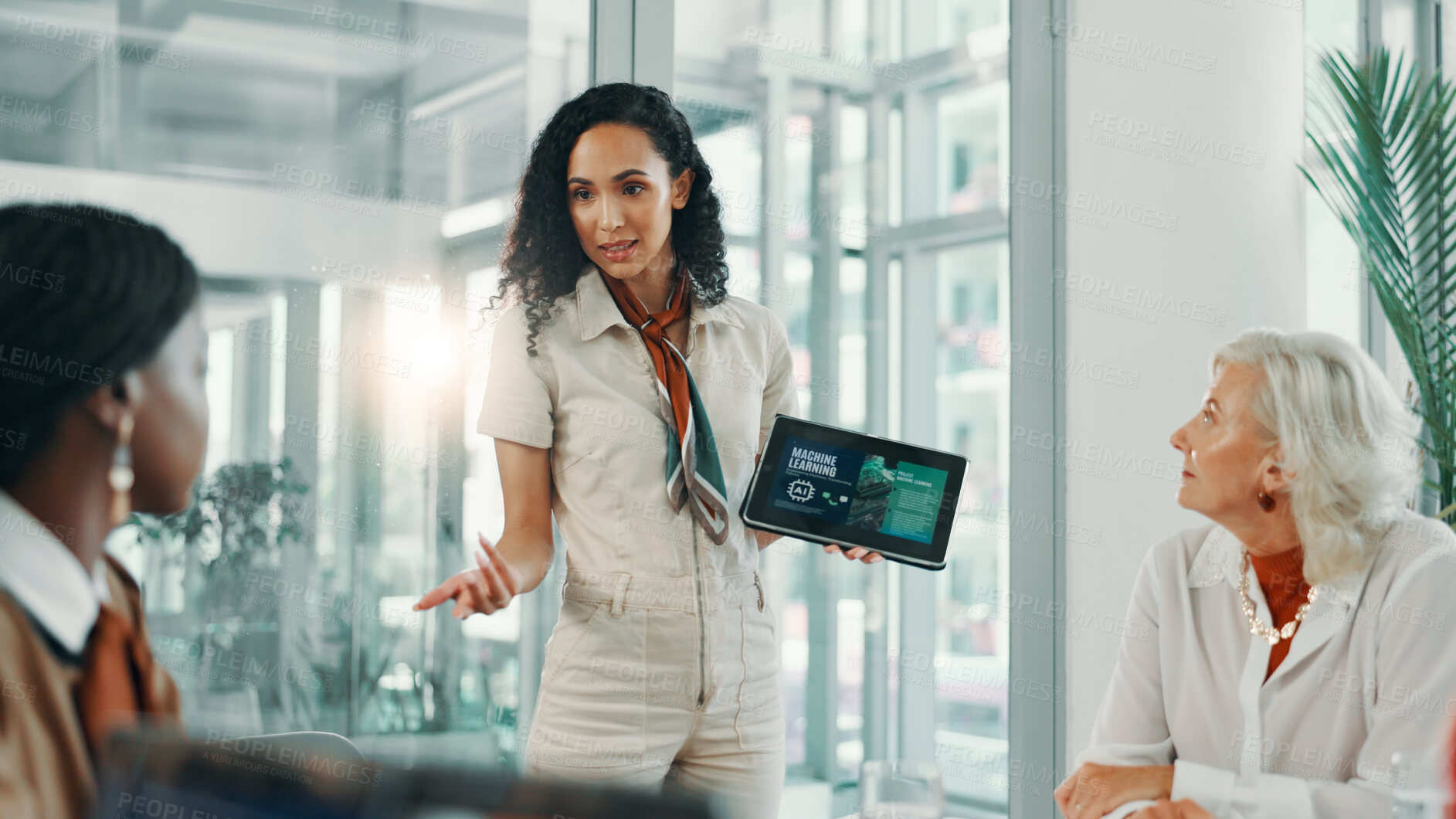 Buy stock photo Artificial intelligence, meeting and women with tablet, business and robotic process automation or screen. Boardroom, collaboration and discussion for current trends on tech, talking and system