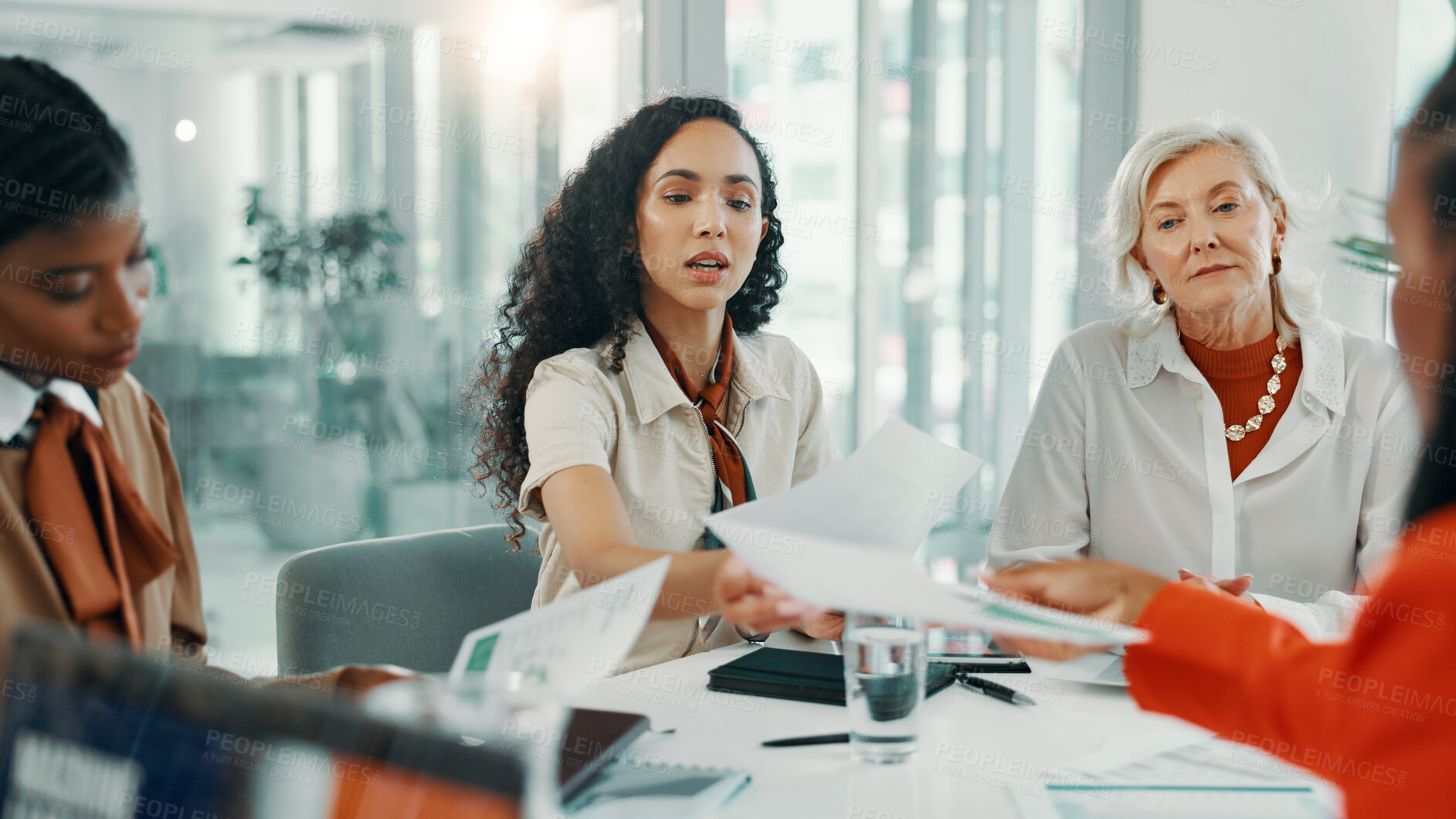Buy stock photo Agenda, documents and meeting with business women in boardroom of office for planning or strategy. Collaboration, proposal and report with employee team in workplace for feedback, review or schedule