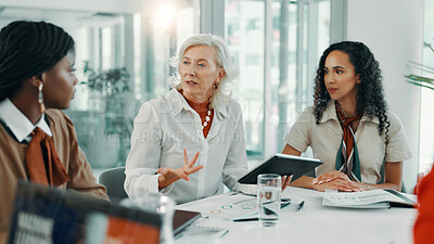 Buy stock photo Management, meeting and tablet with business women in boardroom of office for planning or strategy. Collaboration, feedback and schedule with employee team in workplace for agenda, report or review