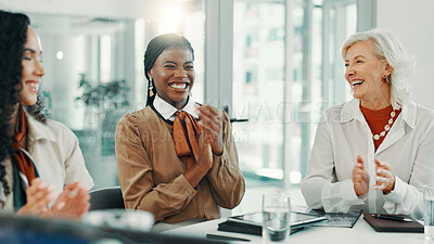 Buy stock photo Applause, collaboration and meeting with business women in boardroom of office for celebration or success. Achievement, deal and support with employee team clapping at work for goals or target