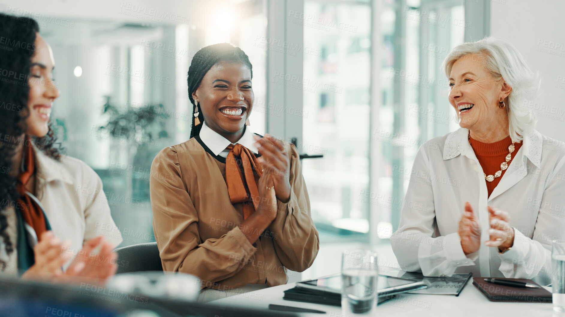 Buy stock photo Applause, collaboration and meeting with business women in boardroom of office for celebration or success. Achievement, deal and support with employee team clapping at work for goals or target