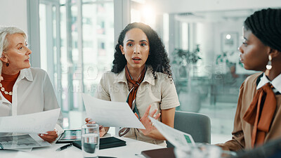 Buy stock photo Documents, meeting and proposal with business women in boardroom of office for planning or strategy. Collaboration, discussion and negotiation with employee team in workplace for feedback or review