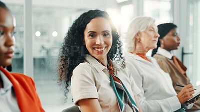 Buy stock photo Office, convention and businesswoman in portrait for meeting, startup conference and smile with confidence. Audience, employees and female consultant with happiness for training, skills and learning