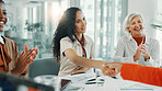 Deal, handshake and meeting with business women in office for workshop, success and celebration. Applause, introduction and winner with people shaking hands in seminar for agreement, bonus or welcome