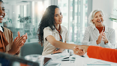 Buy stock photo Deal, handshake and meeting with business women in office for workshop, success and celebration. Applause, introduction and winner with people shaking hands in seminar for agreement, bonus or welcome