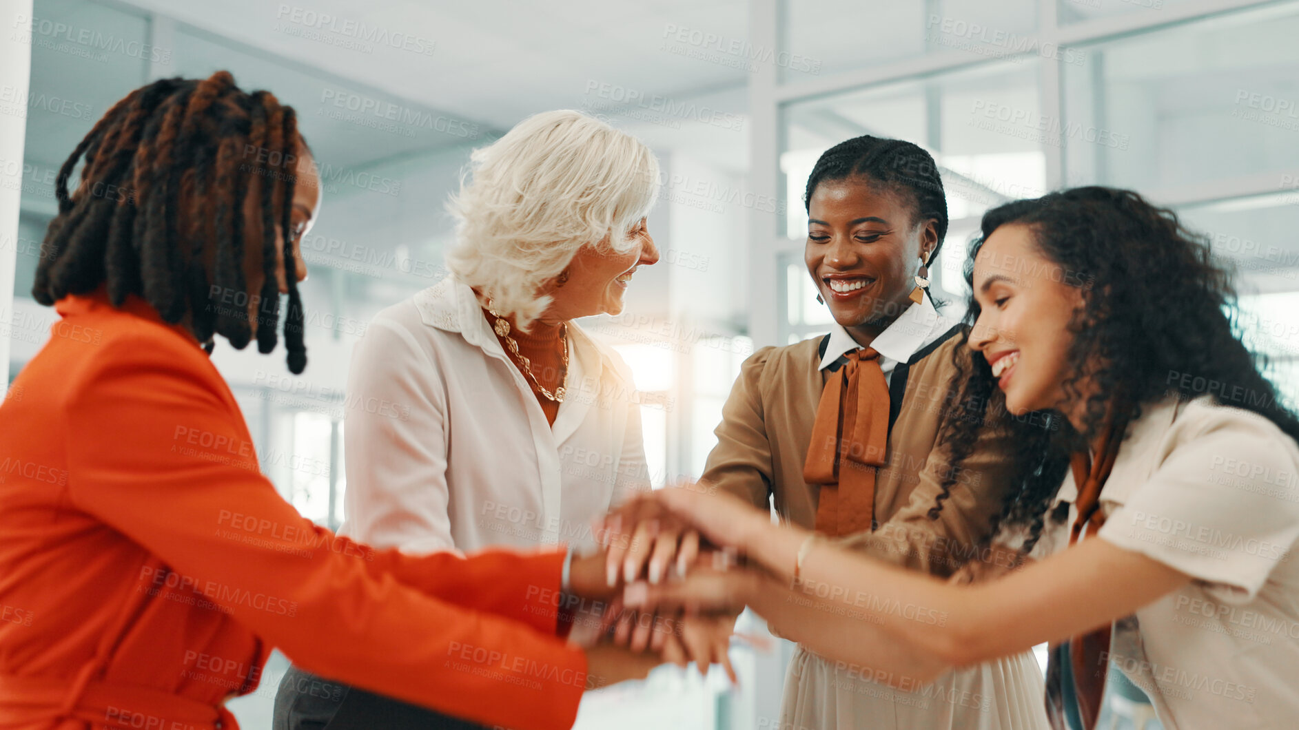 Buy stock photo Hands together, partnership and support with business women for success, solidarity and deal. Agreement, bonus and collaboration with group of people in office for community, meeting and teamwork
