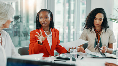 Buy stock photo Agenda, meeting and proposal with business women in boardroom of office for planning or strategy. Documents, negotiation and schedule with employee team at work for discussion, feedback or review