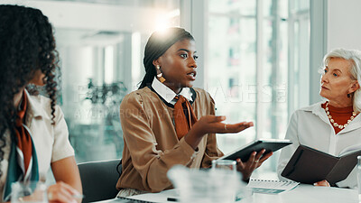 Buy stock photo Meeting, proposal and tablet with business women in boardroom of office for planning or strategy. Agenda, collaboration and schedule with professional employee team at work for feedback or review