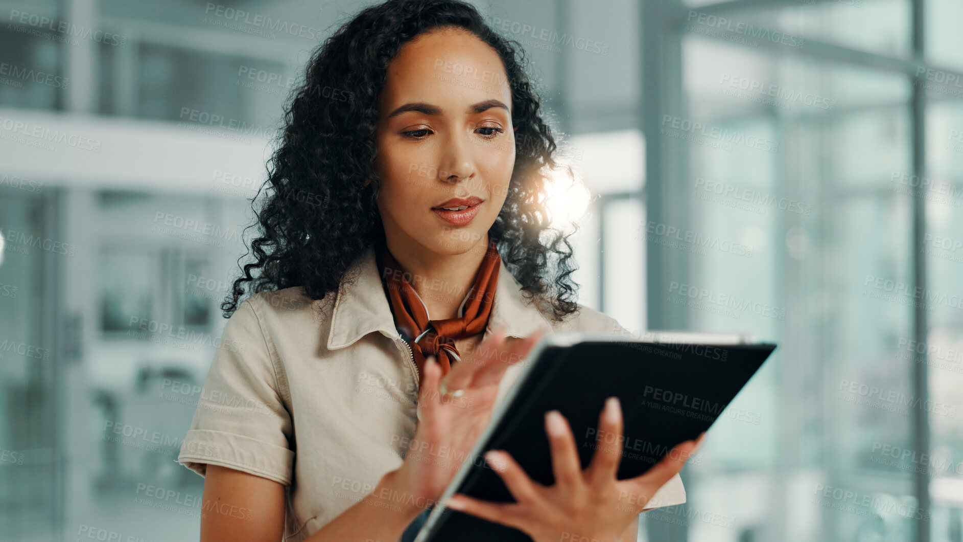 Buy stock photo Business woman, tablet and research in office for editing fashion magazine, catalog or app. Technology, internet and worker online for design trends, schedule or reading email in creative startup