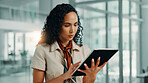 Business woman, tablet and online in startup for editing fashion magazine, scroll or app. Digital technology, internet and worker research design trends, schedule or reading email in creative office