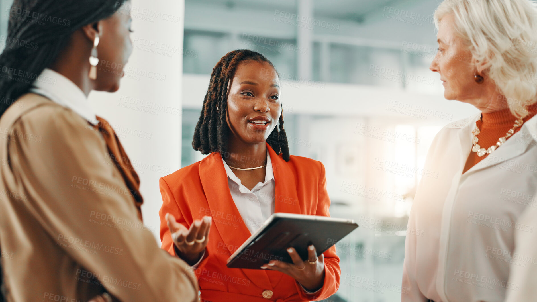 Buy stock photo Feedback, meeting and tablet with business women in lobby of office for planning or strategy. Collaboration, discussion and online proposal with employee team in workplace for agenda or review