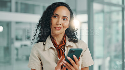 Buy stock photo Thinking, research and woman with smartphone, office and ideas for social media performance on app. Digital, marketing manager and person with mobile for web, contemplating and planning for campaign