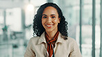 Happy, confident and portrait of businesswoman in office with journalism career with growth. Smile, professional and female copywriter from Brazil with pride for job development at magazine agency.