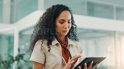 Buy stock photo Business woman, tablet and online in office for editing fashion magazine, catalog or app. Digital technology, internet and worker research design trends, schedule or reading email in creative startup