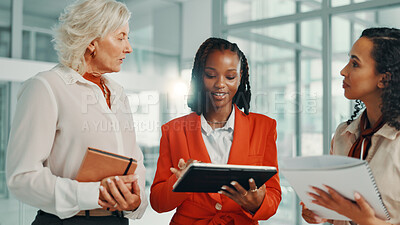 Buy stock photo Agenda, meeting and tablet with business women in lobby of office for planning or strategy. Collaboration, feedback and schedule with employee team at work for discussion, negotiation or review