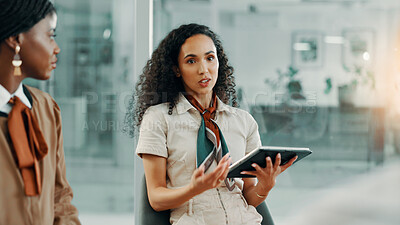 Buy stock photo Tablet, meeting and business women in office for creative editorial project for magazine. Journalism, discussion and team of copywriters planning with research on digital technology at agency.