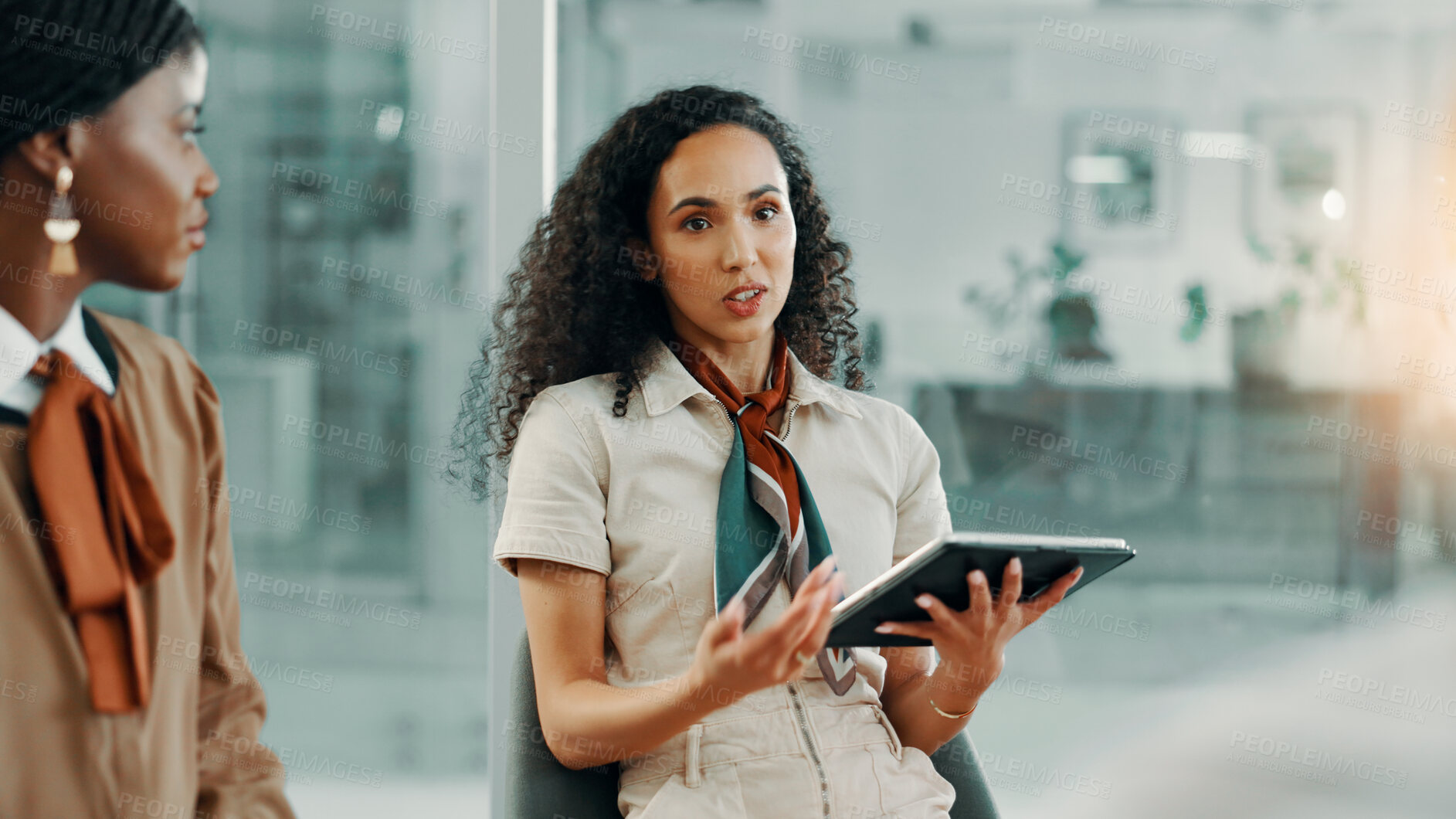 Buy stock photo Tablet, meeting and business women in office for creative editorial project for magazine. Journalism, discussion and team of copywriters planning with research on digital technology at agency.