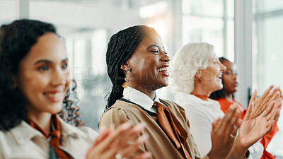 Buy stock photo Applause, achievement and meeting with business women  n office for workshop, success and celebration. Teamwork, conference and winner with people clapping in seminar for agreement, bonus and profit