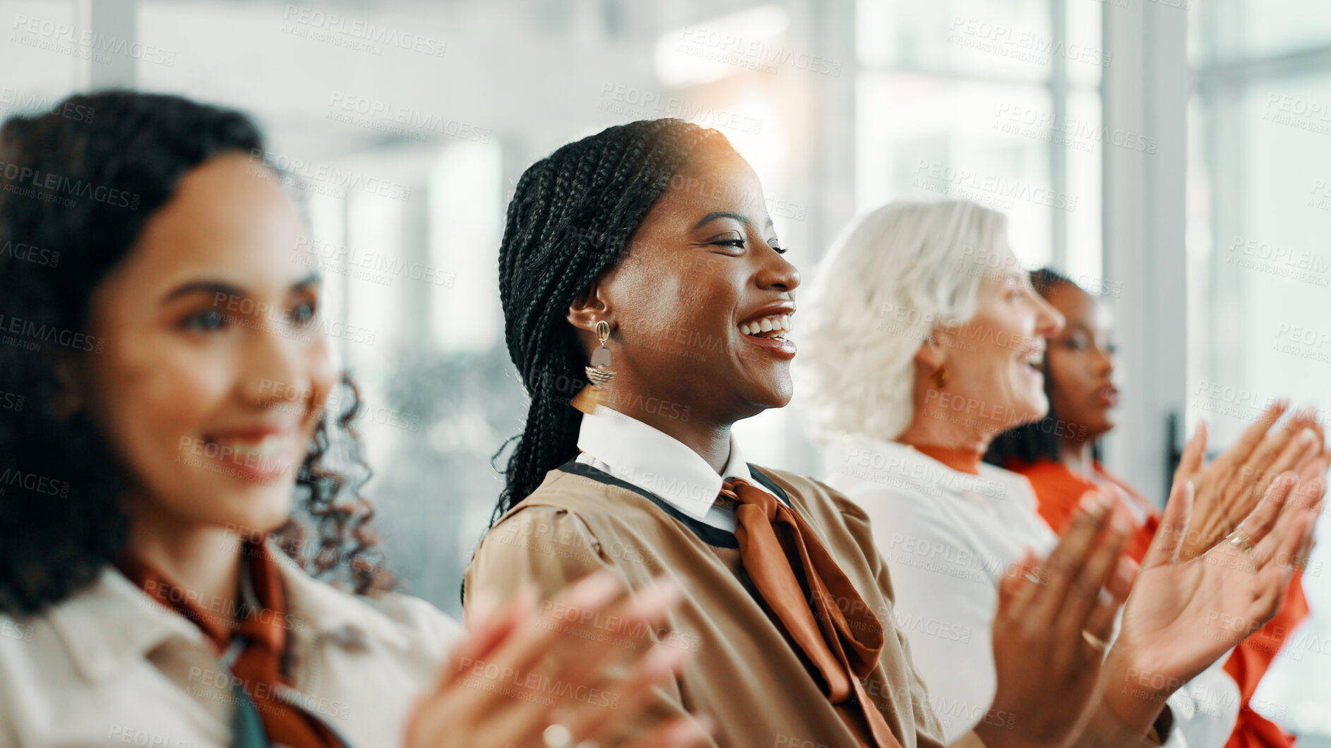 Buy stock photo Applause, achievement and meeting with business women  n office for workshop, success and celebration. Teamwork, conference and winner with people clapping in seminar for agreement, bonus and profit