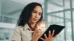 Business woman, tablet and pen in office for editing fashion magazine, catalog or app. Digital technology, stylus and worker research design trends, drawing and writing online in creative startup