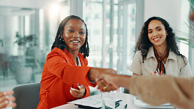 Buy stock photo Handshake, teamwork and deal with business women for success, solidarity and support. Agreement, bonus and collaboration with group of people in office for shaking hands, meeting and partnership