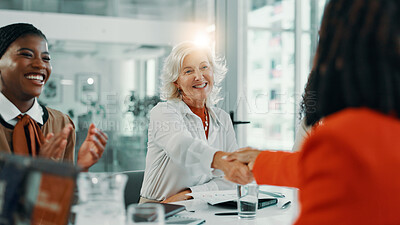 Buy stock photo Applause, handshake and meeting with business women in office for workshop, success and celebration. Welcome, introduction and winner with people shaking hands in seminar for agreement, bonus or deal