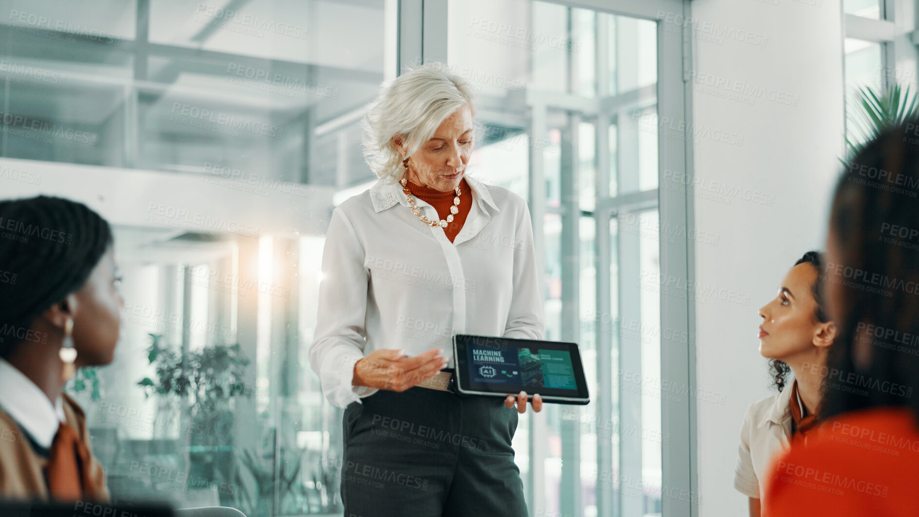 Buy stock photo Discussion, meeting and women with tablet, business and robotic process automation or screen. Boardroom, machine learning and collaboration for current trends on tech, talking and update of AI system