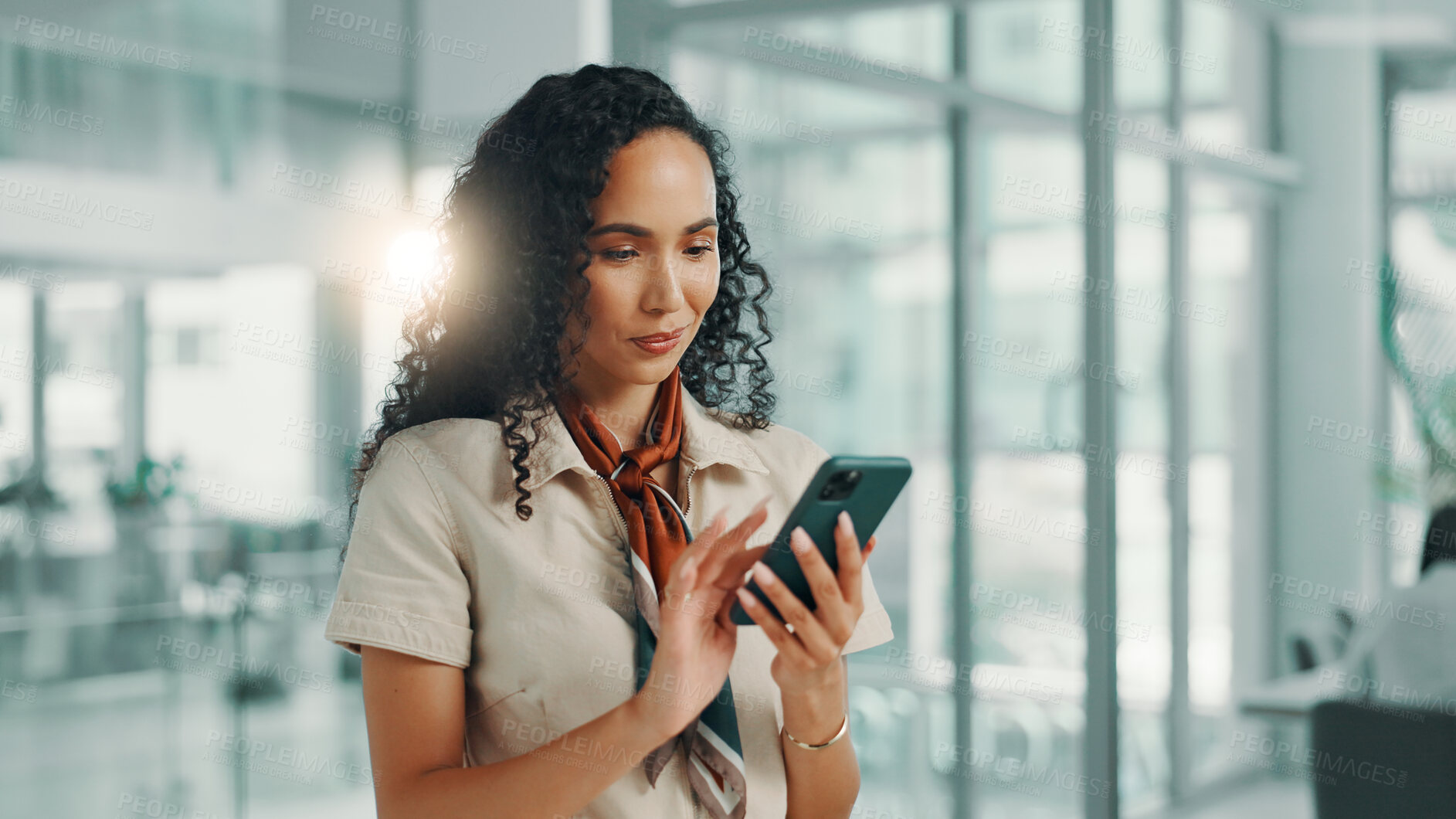 Buy stock photo Business, scroll and woman in office, smartphone and social media with fashion journalist. Person, magazine editor and employee in workplace, cellphone and email with review and research for article