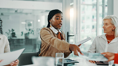 Buy stock photo Documents, meeting and report with business women in boardroom of office for planning or strategy. Collaboration, discussion and proposal with employee team in workplace for feedback or review