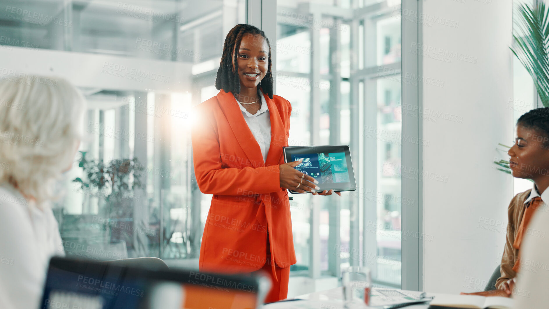 Buy stock photo Presentation, screen and women with tablet, business and robotic process automation or colleagues. Boardroom, machine learning and meeting for current trends on tech, talking and update of AI system