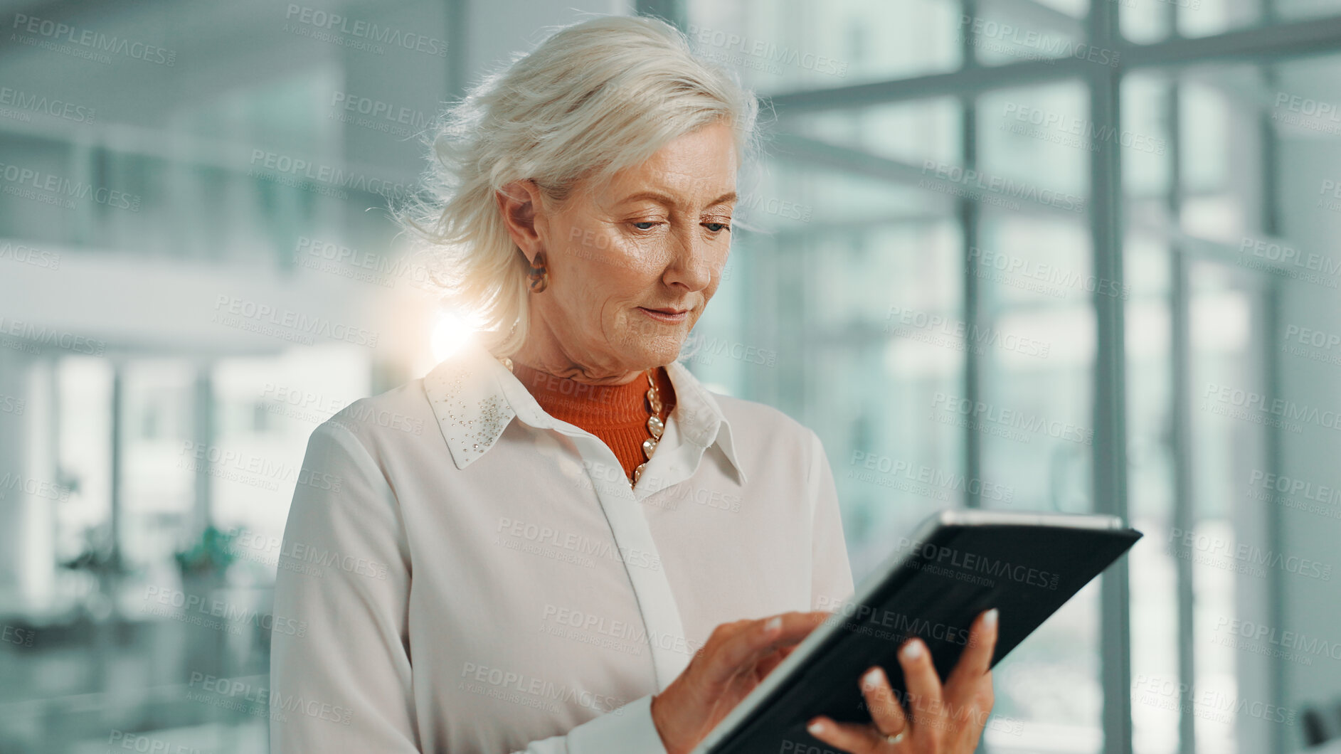 Buy stock photo Business woman, tablet and manager in office for reading or scroll news on economy. Digital technology, internet and mature financial broker on app for investment review, profit and wealth management