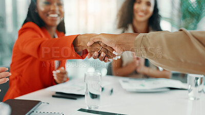 Buy stock photo Handshake, teamwork and closeup with business women for success, solidarity and deal. Agreement, bonus and collaboration with group of people in office for shaking hands, meeting and partnership