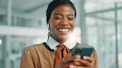 Buy stock photo Business, smile and black woman in office, cellphone and social media with style editor. African person, magazine writer and employee in workplace, smartphone and email with review, internet or funny