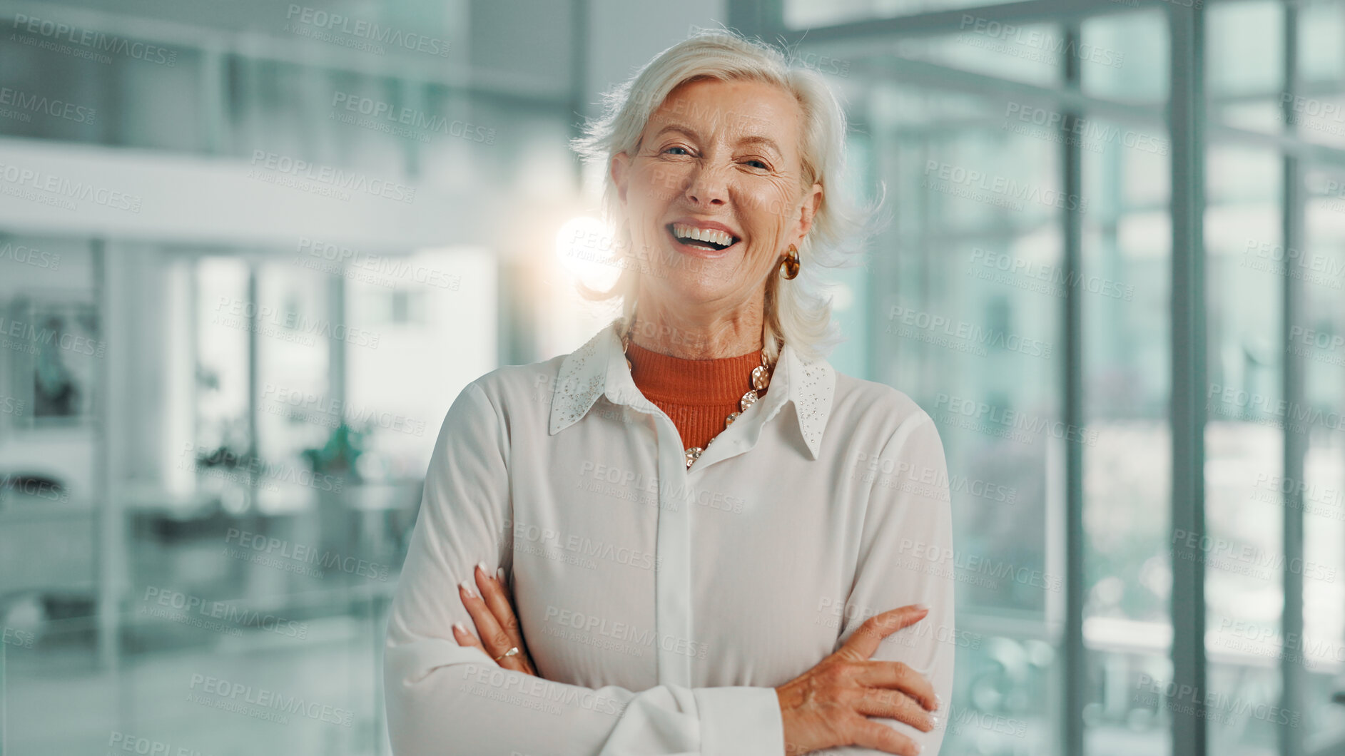Buy stock photo Happy, confident and portrait of mature businesswoman in office with journalism career with growth. Smile, professional and female CEO from London with pride for job development at magazine agency.