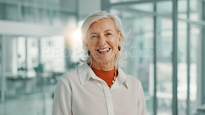 Buy stock photo Happy, pride and portrait of mature businesswoman in office with journalism career with growth. Smile, professional and female CEO from London with confidence for job development at magazine agency.