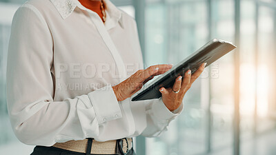 Buy stock photo Business woman, tablet and hands with manager in office to scroll news on economy. Digital technology, internet and mature financial broker on app for investment review, profit and wealth management